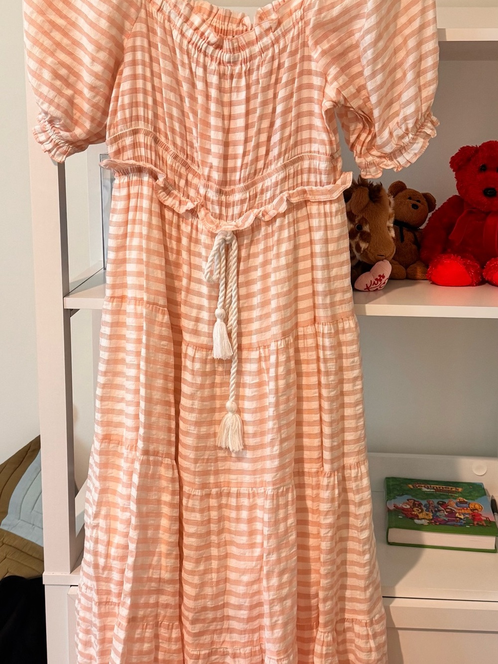 Moon River Peach & White Striped Tiered Midi Dress with Tassel Rope